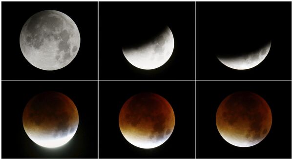 A combination of six pictures shows phases of the rising supermoon in the sky in Frankfurt, Germany, early morning September 28, 2015 - Sputnik International