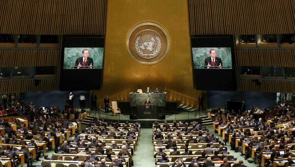 United Nations Secretary General Ban Ki-moon addresses attendees during the 70th session of the United Nations General Assembly at the U.N. Headquarters in New York, September 28, 2015 - Sputnik International