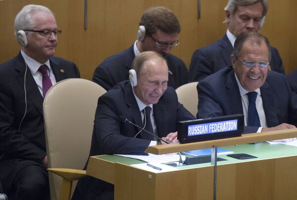 Russian President Vladimir Putin (L, front), Foreign Minister Sergei Lavrov (R, front), Russian U.N. Ambassador Vitaly Churkin (L, back) and other members of the delegation attend the 70th session of the United Nations General Assembly at the U.N. headquarters in New York, September 28, 2015 Russian President Vladimir Putin (L, front), Foreign Minister Sergei Lavrov (R, front), Russian U.N. Ambassador Vitaly Churkin (L, back) and other members of the delegation attend the 70th session of the United Nations General Assembly at the U.N. headquarters in New York, September 28, 2015 - Sputnik International