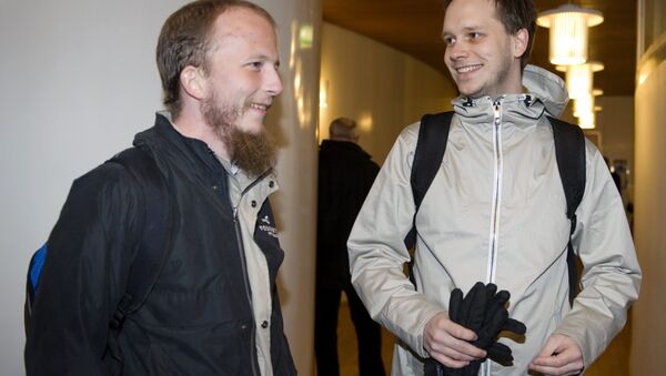 File picture of Pirate Bays internet site founders Gottfrid Svartholm Warg, left, and Peter Sunde, right, arriving for their trial at Stockholm city court in 2009. - Sputnik International