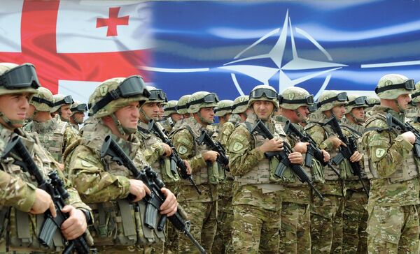 Georgian soldiers stand in formation during the inauguration ceremony of the NATO-Georgian Joint Training and Evaluation Center at the Krtsanisi military training base, outside Tbilisi, on August 27, 2015 Georgian soldiers stand in formation during the inauguration ceremony of the NATO-Georgian Joint Training and Evaluation Center at the Krtsanisi military training base, outside Tbilisi, on August 27, 2015 - Sputnik International