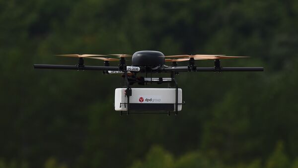 This picture taken on September 28, 2015 shows a Geopost drone flying in Pourrieres, southeastern France, during a presentation of a prototype of a package delivery drone. - Sputnik International