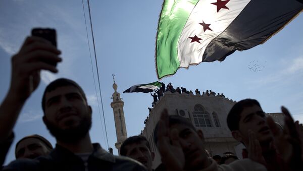In this Friday, March 2, 2012 file photo, men hold revolutionary Syrian flags during an anti-government protest in a town in northern Syria. - Sputnik International