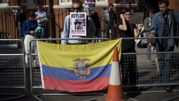 Supporters of WikiLeaks founder Julian Assange hold placards and stand behind an Ecuador national flag during a vigil across the street from the Ecuador embassy in London, Friday, June 19, 2015 - Sputnik International