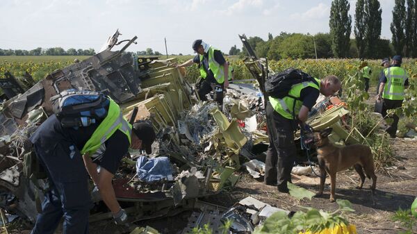  Australian, Malaysian and Dutch investigators examine pieces of the downed Malaysia Airlines Flight 17 plane, near the village of Rossipne, Donetsk region, eastern Ukraine - Sputnik International