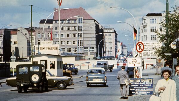 Picture taken in June 1968 of the famous Checkpoint Charlie crossing point, marking the border between East (Soviet sector) and West Berlin (American sector) - Sputnik International