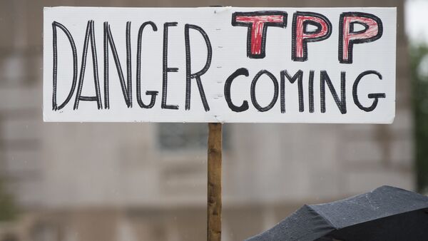 Demonstrators protest against the legislation to give US President Barack Obama fast-track authority to advance trade deals, including the Trans-Pacific Partnership (TPP), during a protest march on Capitol Hill in Washington, DC, May 21, 2015. - Sputnik International
