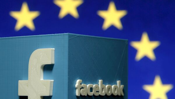 A 3D-printed Facebo.ok logo is seen in front of the logo of the European Union - Sputnik International