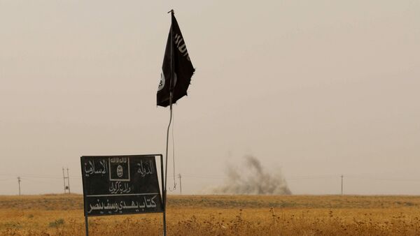Smoke rises in the distance behind an Islamic State (IS) group flag and banner after Iraqi Kurdish Peshmerga fighters reportedly captured several villages from IS group jihadists in the district of Daquq, south of the northern Iraqi multi-ethnic city of Kirkuk on September 11, 2015 - Sputnik International