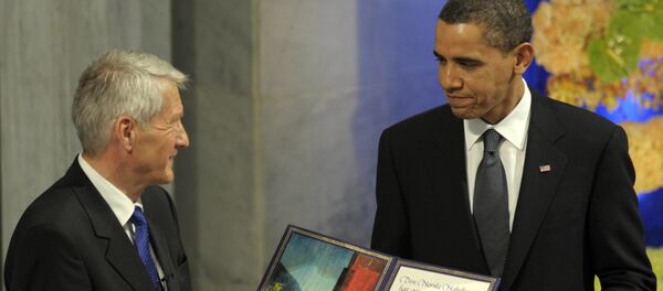 US President Barack Obama, right is applauded by Nobel Committee Chairman Thorbjorn Jagland after receiving the Nobel Peace Prize during a ceremony in the Main Hall of Oslo City Hall in Oslo, Norway. (File) US President Barack Obama, right is applauded by Nobel Committee Chairman Thorbjorn Jagland after receiving the Nobel Peace Prize during a ceremony in the Main Hall of Oslo City Hall in Oslo, Norway. (File) - Sputnik International