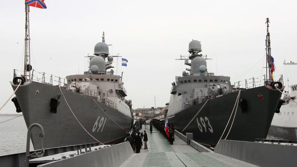 The latest missile ship project 11661K Dagestan (right), which becomes part of the Caspian Flotilla, in Makhachkala seaport. Left: the rocket ship Tatarstan. The Dagestan is the first ship of the Russian Navy armed with a new universal missile complex Caliber-NK, capable of applying several types of high-precision missiles manufactured using stealth technology. - Sputnik International