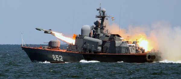 A Termit anti-ship cruise missile launched from the missile boat R-123 A Termit anti-ship cruise missile launched from the missile boat R-123 - Sputnik International