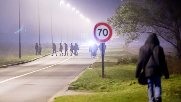 Migrants walk on a road towards the Eurotunnel site in Coquelles, northern France, on October 3, 2015. - Sputnik International