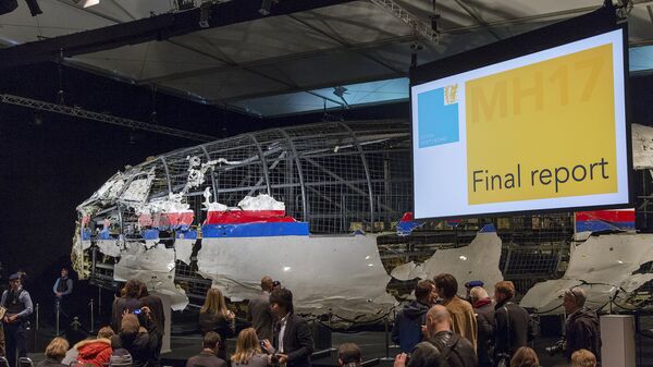 The reconstructed airplane serves as a backdrop during the presentation of the final report into the crash of July 2014 of Malaysia Airlines flight MH17 over Ukraine, in Gilze Rijen, the Netherlands, October 13, 2015 - Sputnik International
