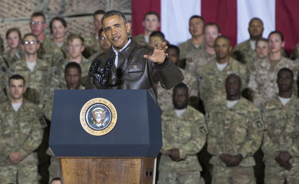 US President Barack Obama speaks during a surprise visit with US troops at Bagram Air Field, north of Kabul, in Afghanistan, May 25, 2014, prior to the Memorial Day holiday - Sputnik International