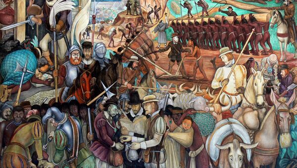 Mural of exploitation of Mexico by Spanish conquistadors, Palacio Nacional, Mexico City - Sputnik International