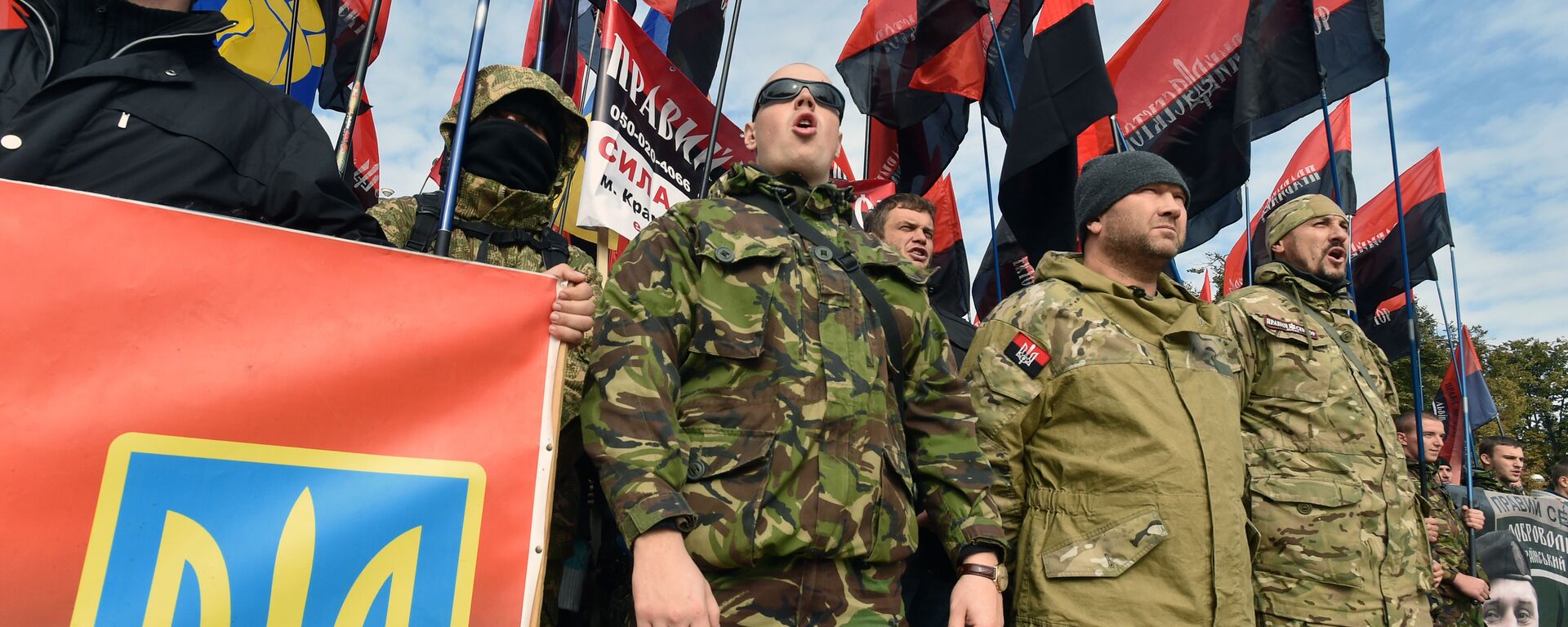 Members of far right movement Right Sector and supporters of nationalists parties wave flags as they attend a rally in Kiev on October 14, 2015 - Sputnik International, 1920, 03.05.2022