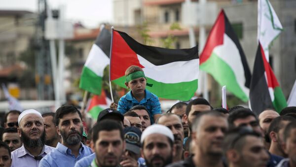 Israeli-Arabs hold Palestinian flags during a pro-Palestinian demonstration in the northern Israeli town of Sakhnin October 13, 2015 - Sputnik International