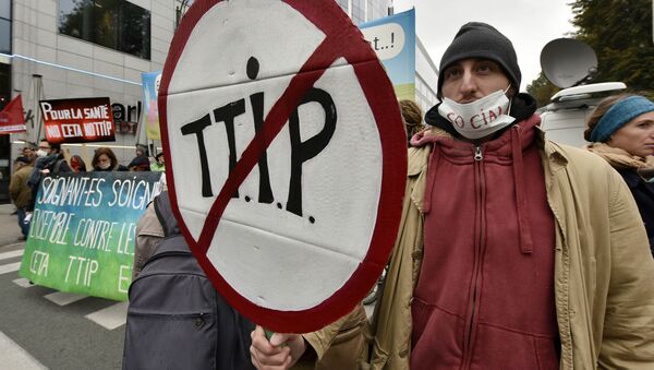 Protestors demonstrate against the free trade agreements TTIP (Transatlantic Trade and Investment Partnership) and CETA (Comprehensive Economic and Trade Agreement) during an EU summit in Brussels, Belgium on Thursday, Oct. 15, 2015 - Sputnik International