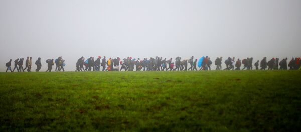 A group of migrants make their way over a meadow after crossing the border between Austria and Germany in Wegscheid near Passau, Germany, Thursday, Oct. 15, 2015. - Sputnik International
