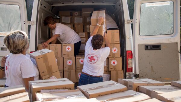 The volunteers from the local Hellenic Red Cross branch on Lesbos are preparing for one of the two weekly distributions of food, hygiene parcels and basic emergency items. - Sputnik International