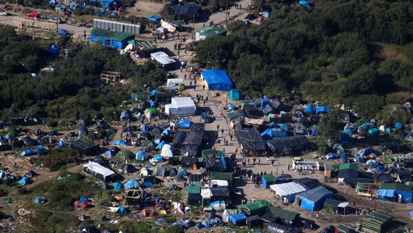 An aerial view of the migrant camp known as the New Jungle Camp, near to Calais, northern France, Friday, Sept. 25, 2015. - Sputnik International