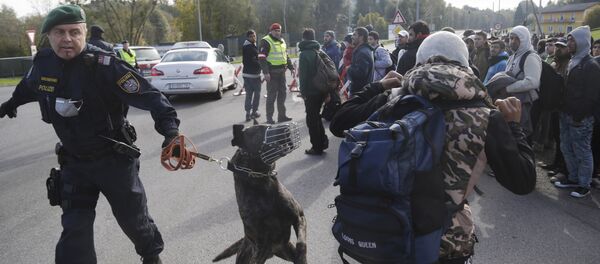 An Austrian policeman with a dog tries to maintain order after migrants left a camp on the border with Slovenia in Spielfeld, Austria, Thursday, Oct. 22, 2015 An Austrian policeman with a dog tries to maintain order after migrants left a camp on the border with Slovenia in Spielfeld, Austria, Thursday, Oct. 22, 2015 - Sputnik International