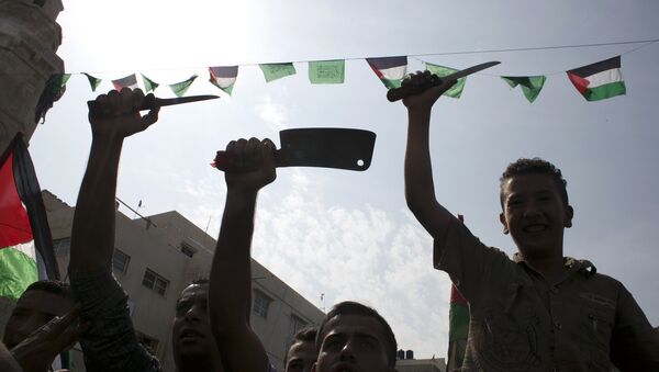 Palestinian students wave knives in the air during an anti-Israel protest in the city of Khan Yunis in the Southern Gaza Strip, on October 18, 2015 - Sputnik International