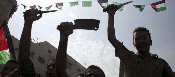 Palestinian students wave knives in the air during an anti-Israel protest in the city of Khan Yunis in the Southern Gaza Strip, on October 18, 2015 - Sputnik International
