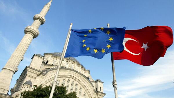 Flags of Turkey, right, and the European Union are seen in front of a mosque in Istanbul, Turkey - Sputnik International