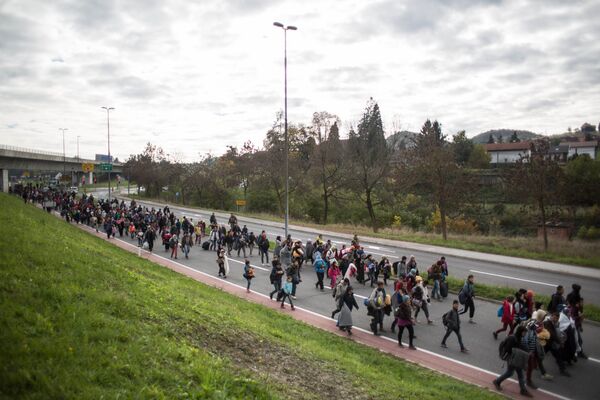 Refugees and migrants walk on a road as they leave Sentilj, Slovenia, on their way to cross the Slovenian-Austrian border on October 23, 2015. Refugees and migrants walk on a road as they leave Sentilj, Slovenia, on their way to cross the Slovenian-Austrian border on October 23, 2015. - Sputnik International