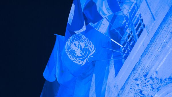 This photo taken on October 23, 2015 in Verdun shows the World Peace Center illuminated in blue light to celebrate the 70th anniversary of the United Nations. - Sputnik International