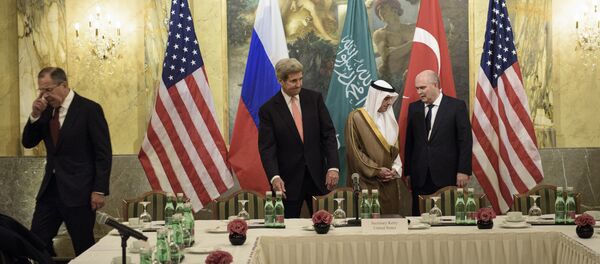 (From left) Russian Foreign Minister Sergei Lavrov, US Secretary of State John Kerry, Saudi Foreign Minister Adel al-Jubeir and Turkish Foreign Minister Feridun Sinirlioglu take their seats before a meeting at the Hotel Imperial at Hotel Imperial on October 29, 2015 in Vienna, Austria (From left) Russian Foreign Minister Sergei Lavrov, US Secretary of State John Kerry, Saudi Foreign Minister Adel al-Jubeir and Turkish Foreign Minister Feridun Sinirlioglu take their seats before a meeting at the Hotel Imperial at Hotel Imperial on October 29, 2015 in Vienna, Austria - Sputnik International
