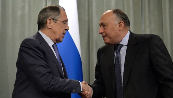 Russia's Foreign Minister Sergei Lavrov (L) shakes hands with his Egyptian counterpart Sameh Shoukry during a press conference following a meeting of a delegation of the ministerial contact group of the Organization of Islamic Cooperation (OIC) on Palestine and East Jerusalem in Moscow on February 26, 2015. - Sputnik International