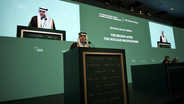 Saudi Foreign Minister Adel al-Jubeir delivers a speech during the 11th Manama Dialogue Regional Security Summit organised by the International Institute for Strategic Studies (IISS) in the Bahraini capital, Manama, on October 31, 2015 - Sputnik International