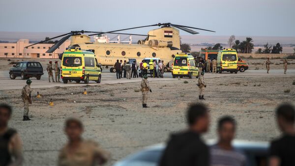 Egyptian ambulances carrying the corpses of Russian victims of a Russian passenger plane crash in the Sinai Peninsula, off load the bodies into a military aircraft at Kabret military air base by the Suez Canal on October 31, 2015 - Sputnik International