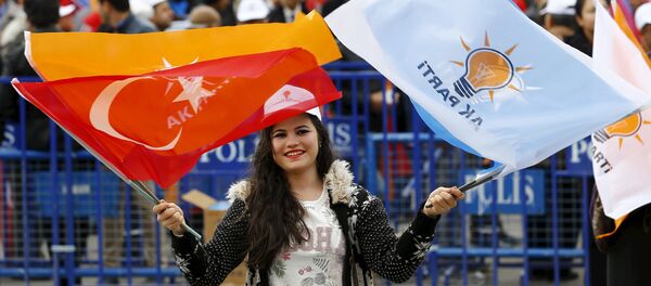 A supporter of the ruling AK Party waves national and party flags during an election rally in Ankara, Turkey, October 31, 2015 - Sputnik International