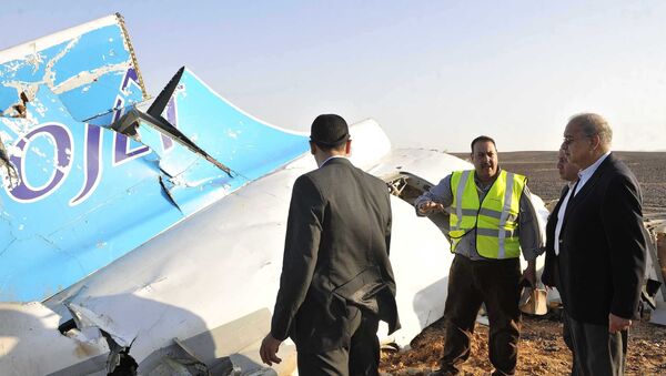 In this image released by the Prime Minister's office, Sherif Ismail, right, looks at the remains of a crashed passenger jet in Hassana Egypt, Friday, Oct. 31, 2015 - Sputnik International