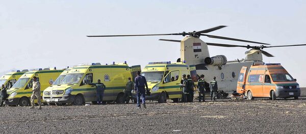 In this photo released by the Prime Minister's office, ambulances and a military helicopter stand by to transport bodies after a plane crashed in Hassana, Egypt on Saturday, Oct. 31, 2015. - Sputnik International