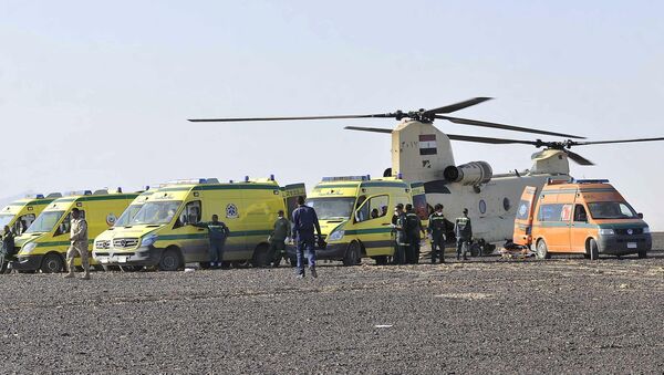 In this photo released by the Prime Minister's office, ambulances and a military helicopter stand by to transport bodies after a plane crashed in Hassana, Egypt on Saturday, Oct. 31, 2015. - Sputnik International