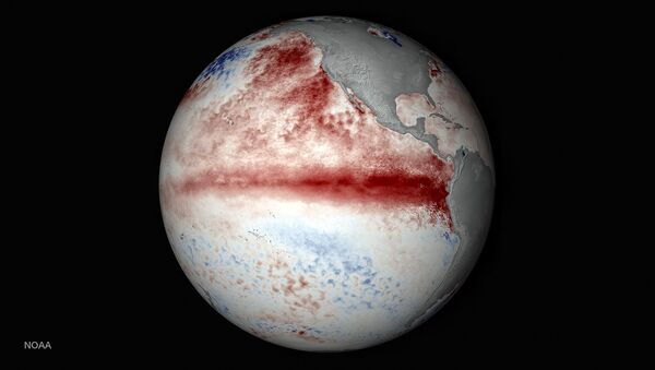 Edited NOAA visualization of the current El Nino conditions in the Central Pacific and off the coast of South America. From what I've read (don't you love passive voice?) it's the strongest El Nino in a long time, which will hopefully bring some relief to the droughts in the Western United States and Mexico. - Sputnik International