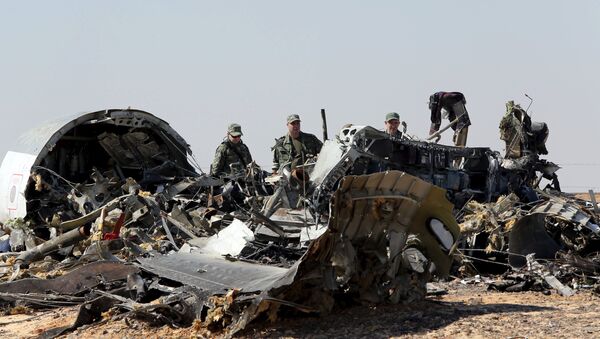 Military investigators from Russia stand near the debris of a Russian airliner at the site of its crash at the Hassana area in Arish city, north Egypt, November 1, 2015 - Sputnik International