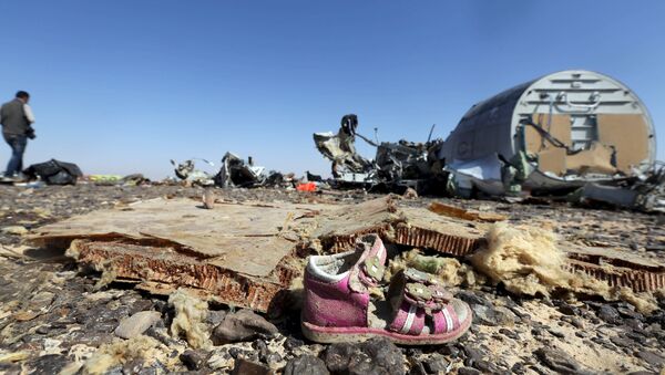 A child's shoe is seen in front of debris from a Russian airliner which crashed at the Hassana area in Arish city, north Egypt, November 1, 2015 - Sputnik International
