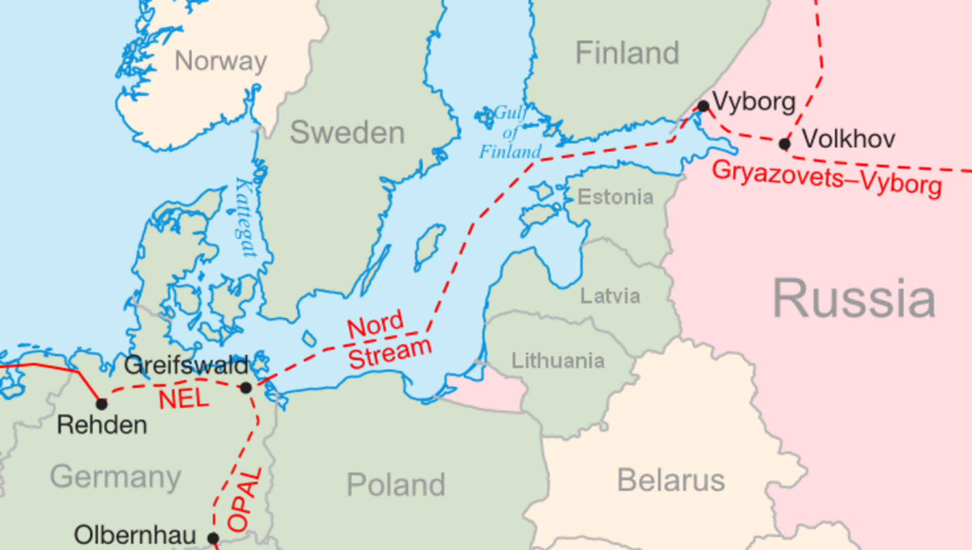 Map of Nord Stream, which runs from Russia's Vyborg through the Baltic Sea to Greifswald, northeastern Germany. - Sputnik International, 1920, 02.02.2021