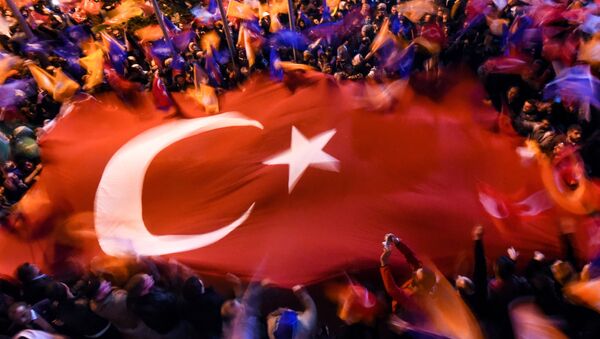 Supporters of Turkey's Justice and Development Party (AKP) wave a giant Turkish flag as they celebrate in Istanbul after the first results in the country's general election on November 1, 2015. - Sputnik International