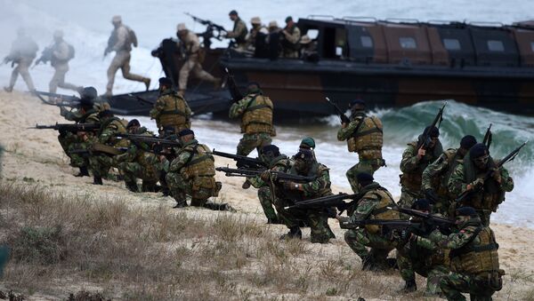 Portuguese Fuzileiros secure an area after disembarking from an amphibious transport during an exercise as part of the NATO's Trident Juncture 2015 in Troia, 100 kms south of Lisbon on November 5, 2015 - Sputnik International