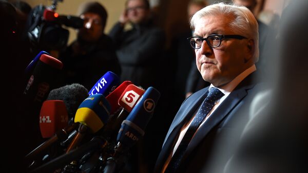 German Foreign Minister Frank-Walter Steinmeier speaks to journalists after a meeting with his French, Russian and Ukrainian counterparts at Villa Borsig, the foreign ministry's guesthouse, in Berlin on November 6, 2015 - Sputnik International
