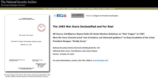 The recently declassified February 1990 report on the Soviet War Scare of 1983, published by the National Security Archive at George Washington University, describes how dangerously close the US and Soviet Union were to going to war. The recently declassified February 1990 report on the Soviet War Scare of 1983, published by the National Security Archive at George Washington University, describes how dangerously close the US and Soviet Union were to going to war. - Sputnik International