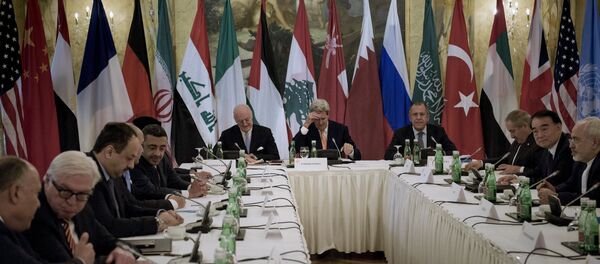 Egyptian Foreign Minister Sameh Shoukry (L), German Foreign Minister Frank Walter Steinmeier (2nd L), UN Special Envoy for Syria Staffan de Mistura (7th L), US Secretary of State John Kerry (5th R), Russian Foreign Minister Sergei Lavrov (4th R), Vice Minister of Foreign Affairs Li Baodong (2nd R) and Iranian Foreign Minister Javad Zarif (R) wait before a meeting with 17 nations, the European Union and United Nations at the Hotel Imperial in Vienna, October 30, 2015 Egyptian Foreign Minister Sameh Shoukry (L), German Foreign Minister Frank Walter Steinmeier (2nd L), UN Special Envoy for Syria Staffan de Mistura (7th L), US Secretary of State John Kerry (5th R), Russian Foreign Minister Sergei Lavrov (4th R), Vice Minister of Foreign Affairs Li Baodong (2nd R) and Iranian Foreign Minister Javad Zarif (R) wait before a meeting with 17 nations, the European Union and United Nations at the Hotel Imperial in Vienna, October 30, 2015 - Sputnik International