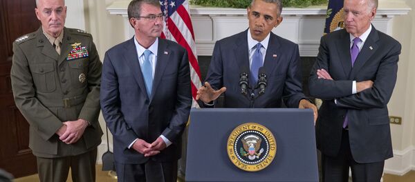 President Barack Obama, accompanied by, from left, Joint Chiefs Chairman Gen. Joseph Dunford, Defense Secretary Ash Carter and Vice President Joe Biden, speaks about Afghanistan. - Sputnik International